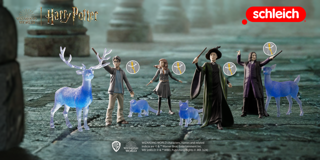 Harry Potter Figuren: Hirsch, Hermine, Snape, Patronus und zwei Katzen.