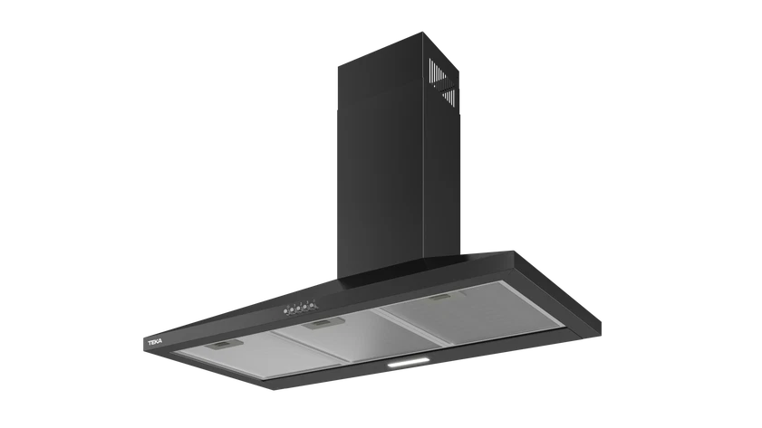 Campana extractora negra con filtros plateados y luz LED.