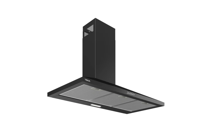 Campana extractora negra con carcasa metálica y frente de cristal.
