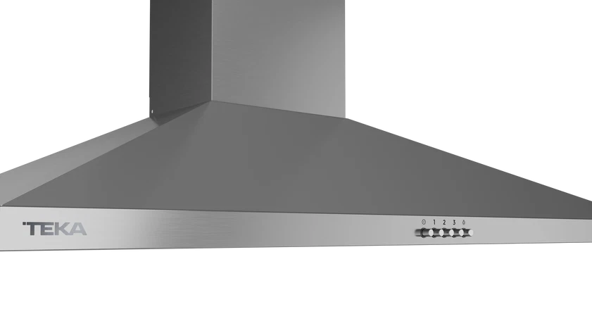 Una campana extractora plateada Teka con cinco botones de control etiquetados 0-3.