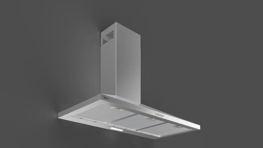 Campana extractora de acero inoxidable con luces y controles, montada en pared gris.