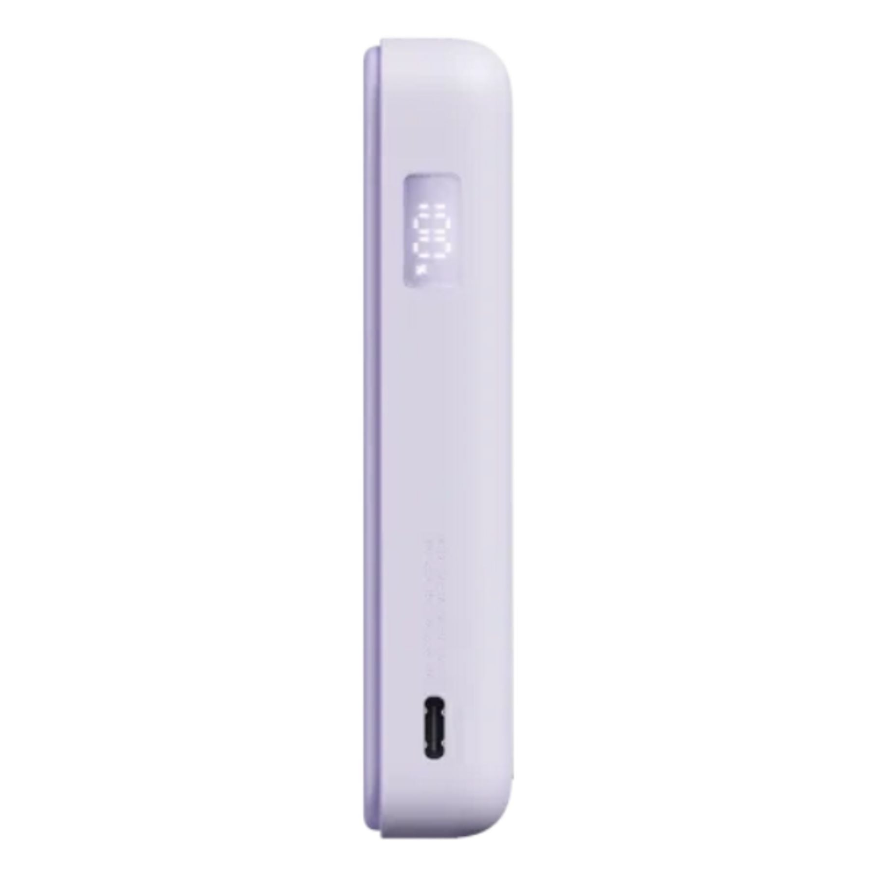 Una batería externa morada con pantalla digital que muestra 100%.