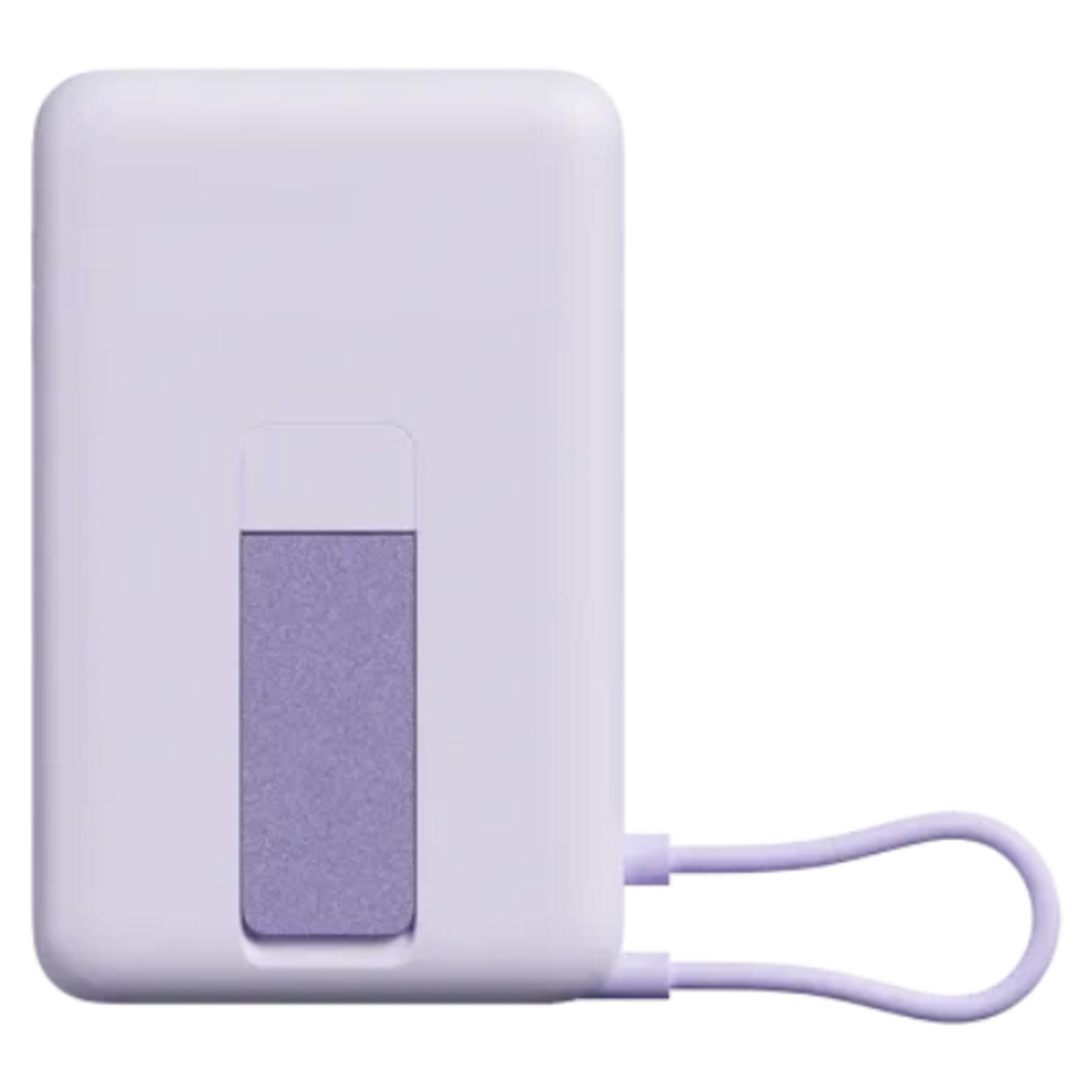 Un cable de carga lavanda con conector blanco está conectado a un dispositivo blanco rectangular.