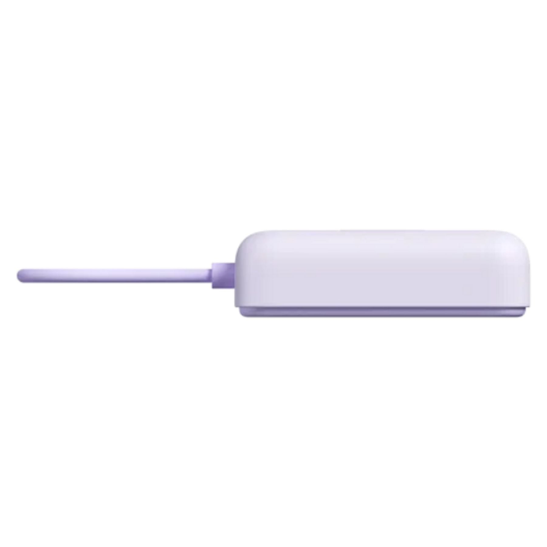 Un objeto largo, plano y morado con un extremo redondeado y un conector rectangular.