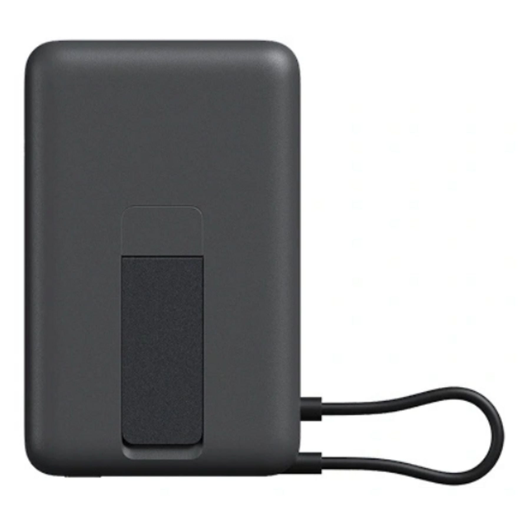 Un dispositivo rectangular negro con soporte abatible y cordón.