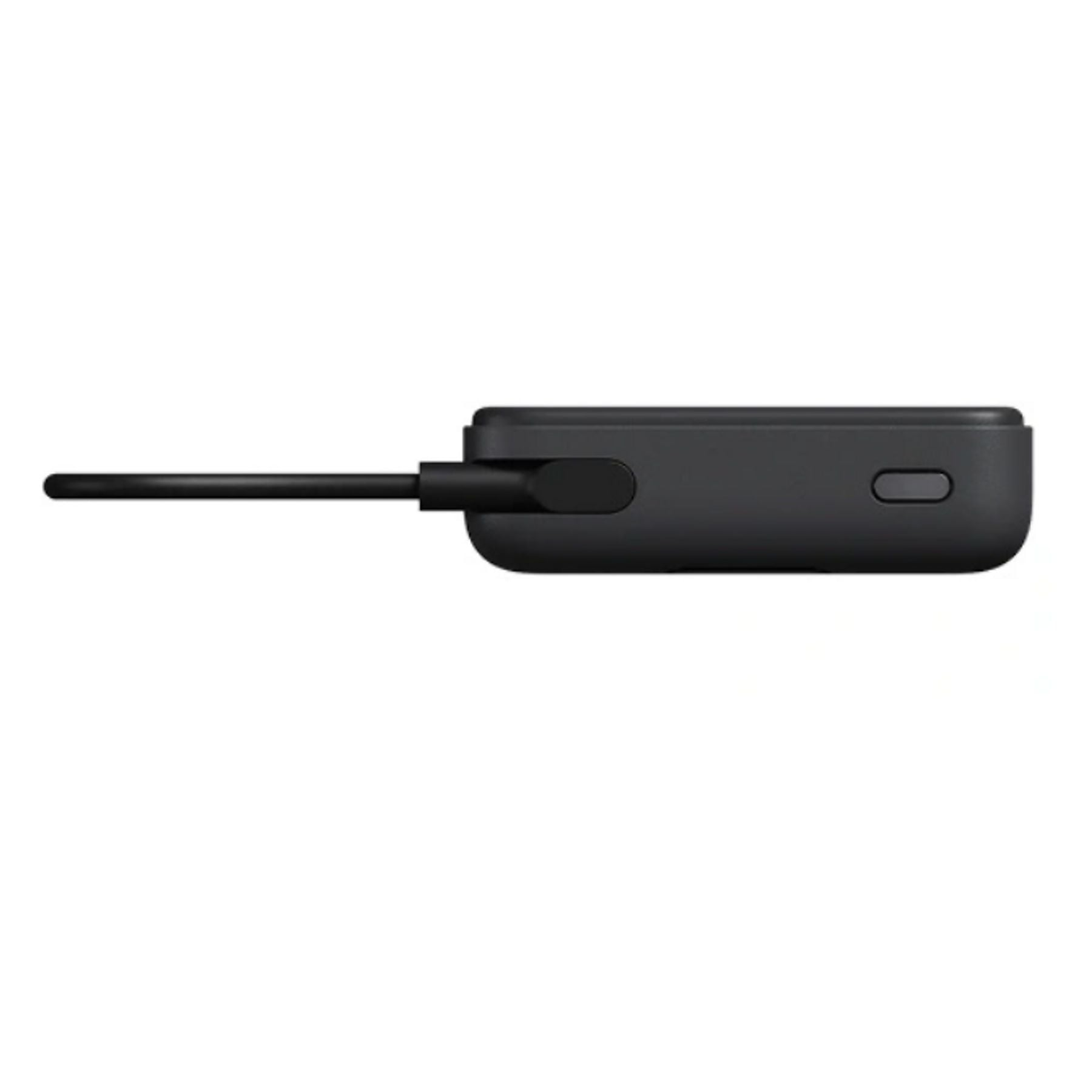 Un dispositivo electrónico negro con un cable de antena extensible yace sobre fondo blanco.