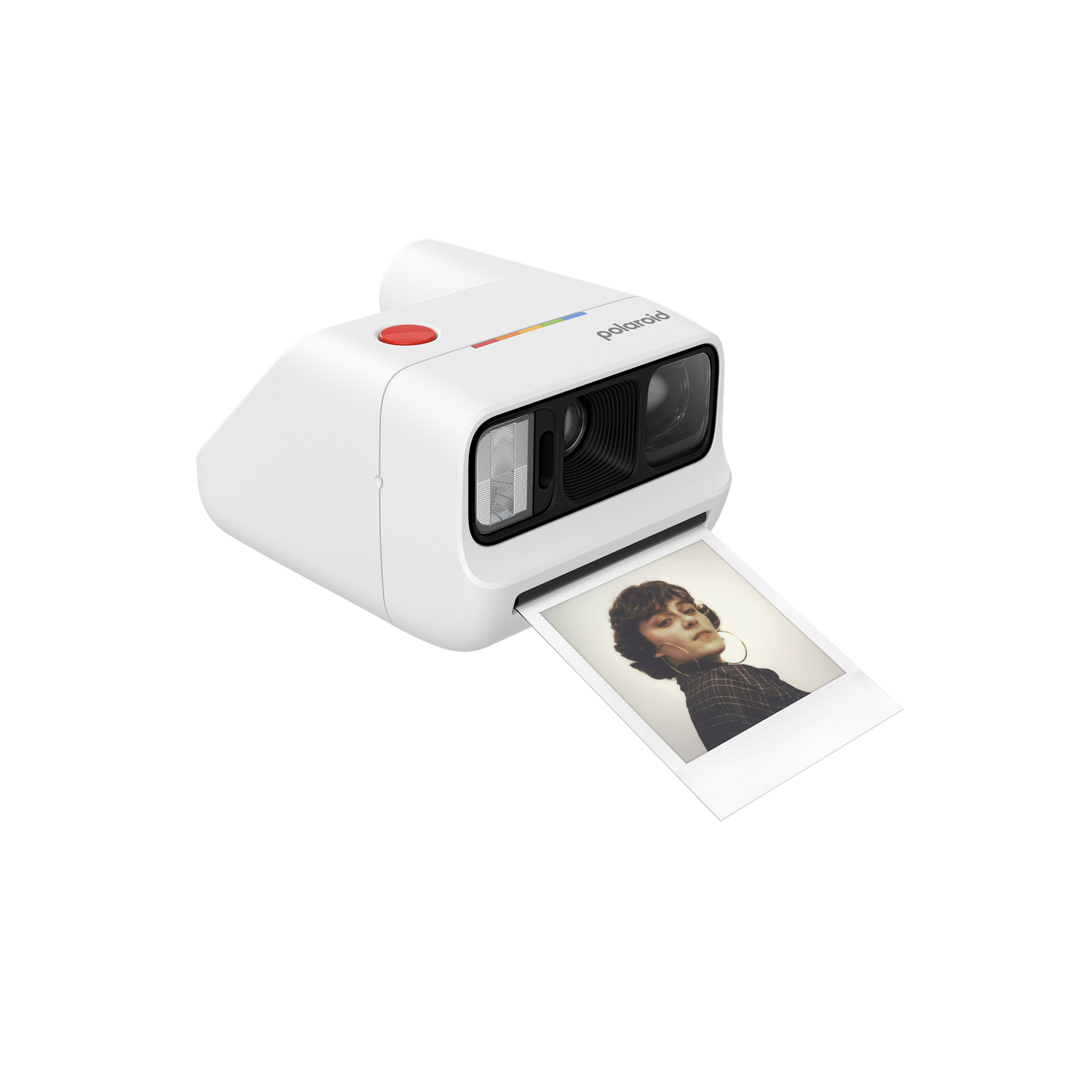 Una cámara Polaroid blanca con una imagen de una mujer con pendientes.