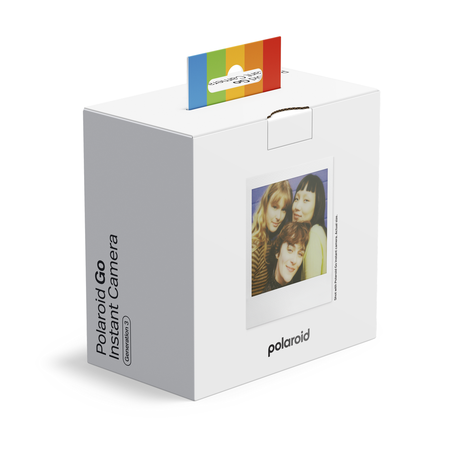Caja blanca de cámara instantánea Polaroid Go con foto de tres mujeres jóvenes.