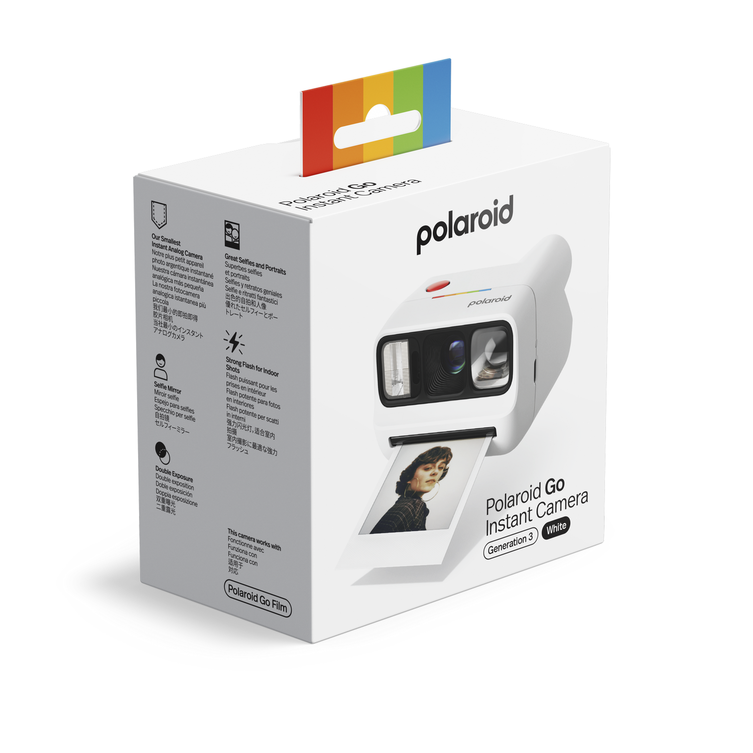 Cámara instantánea Polaroid Go blanca con colgador arcoíris y caja impresa.