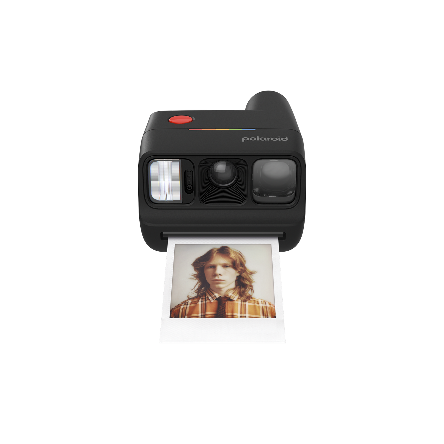 Cámara Polaroid negra con botón de obturador rojo y retrato impreso de un chico.