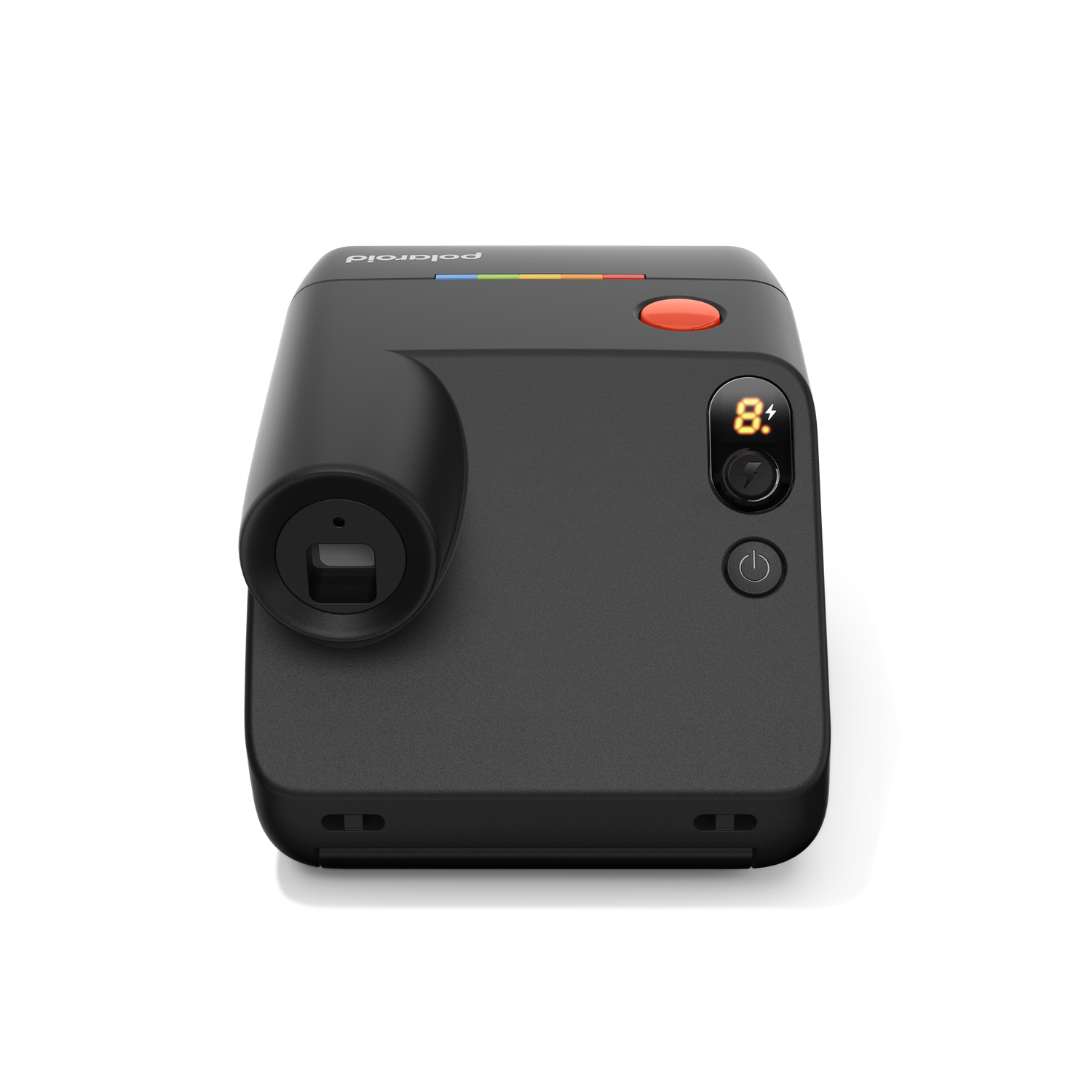 Una cámara instantánea Polaroid negra con botón de obturador naranja y pantalla digital.
