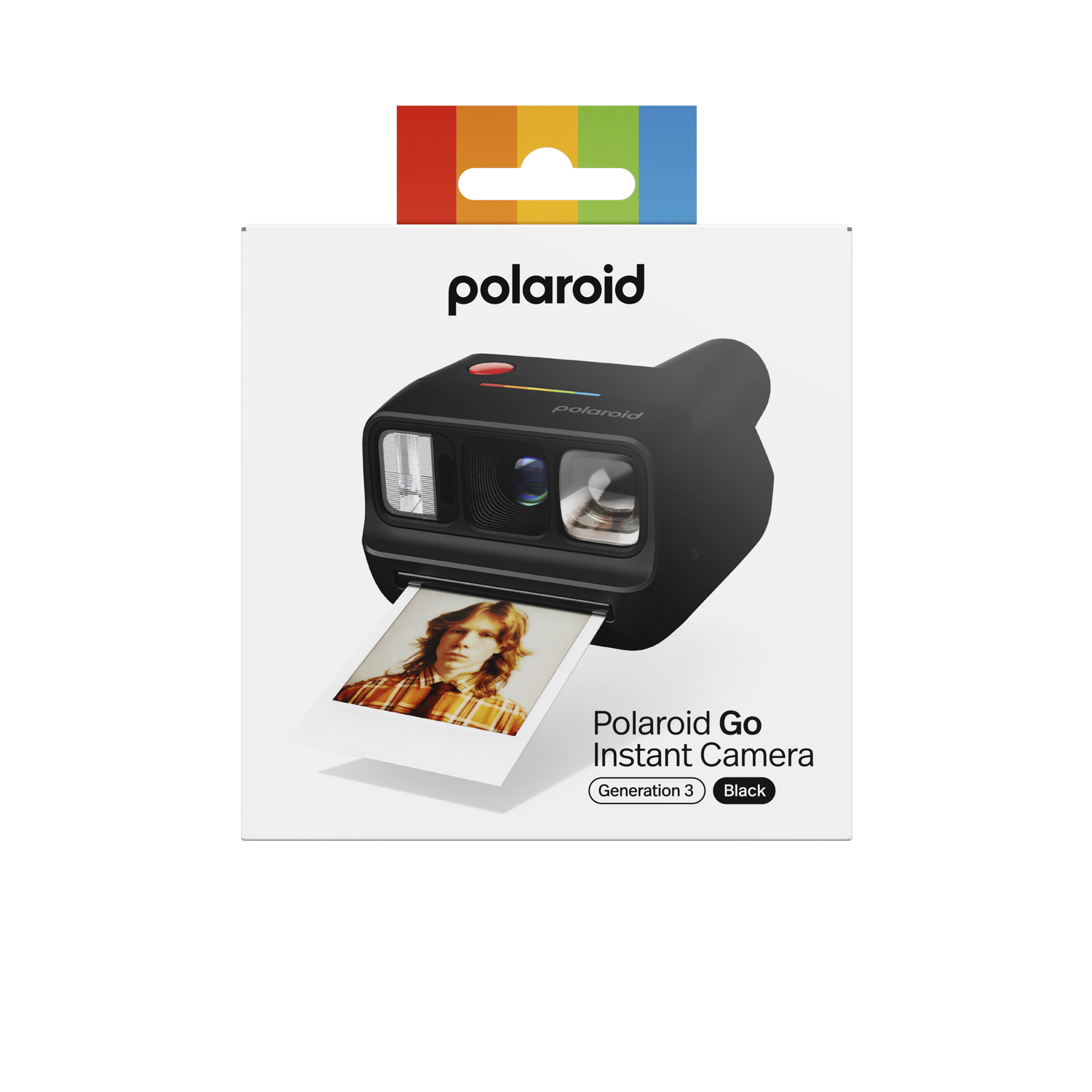 Cámara instantánea Polaroid Go negra con colgador arcoíris y una foto.
