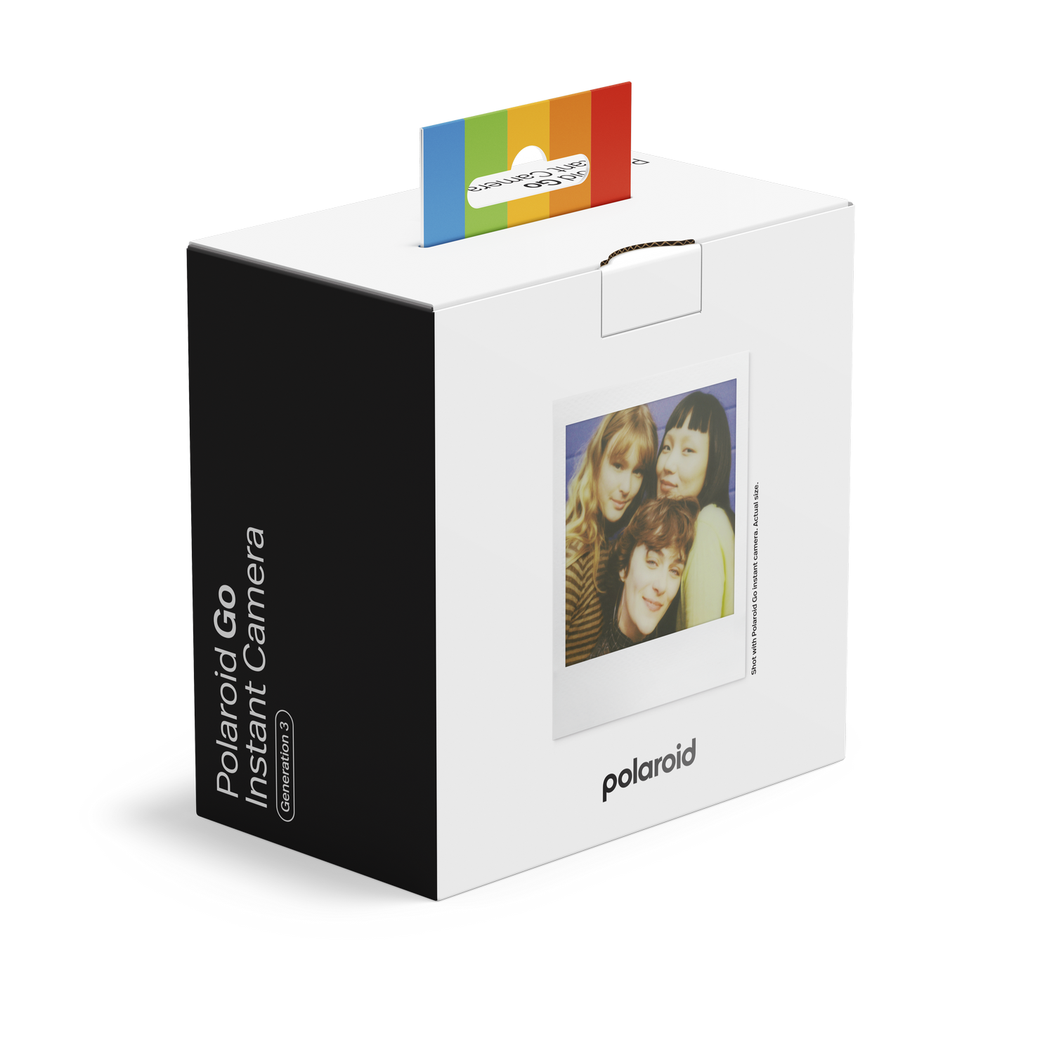 Caja de cámara instantánea Polaroid Go, con foto de 3 personas y pestaña arcoíris.