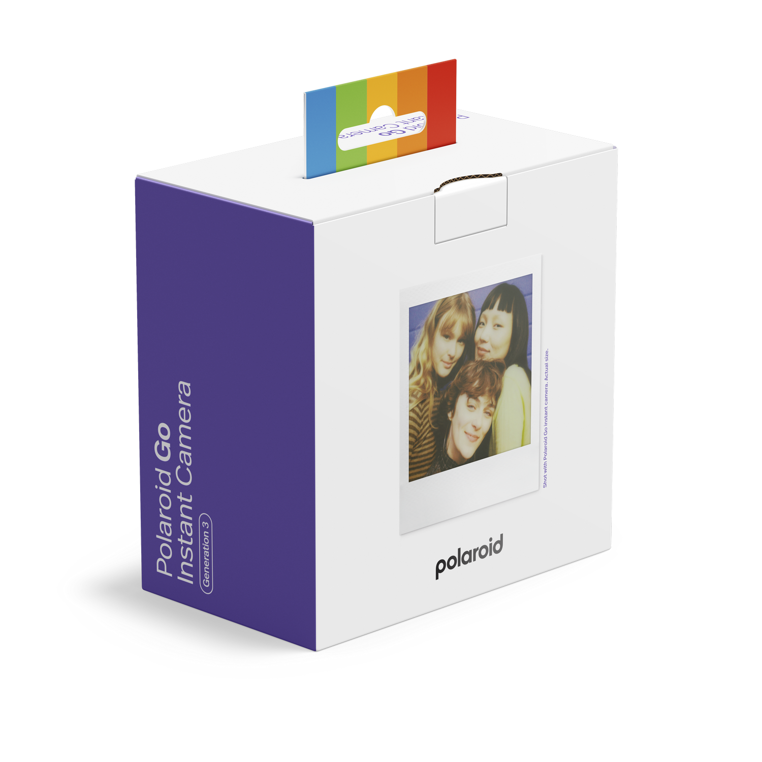Una caja blanca con un lateral morado para la Polaroid Go Instant Camera.