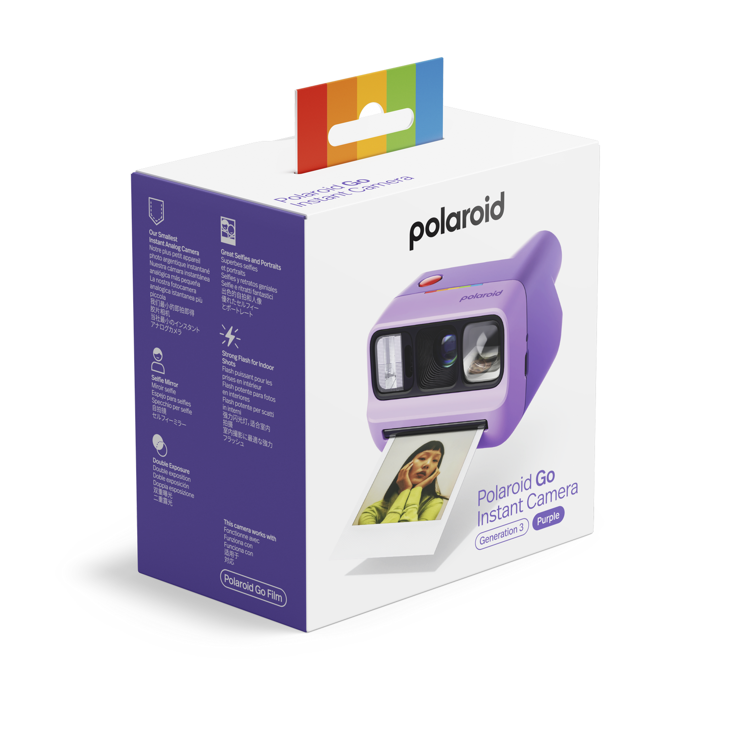 Cámara instantánea Polaroid Go morada sobre fondo blanco, con foto impresa.