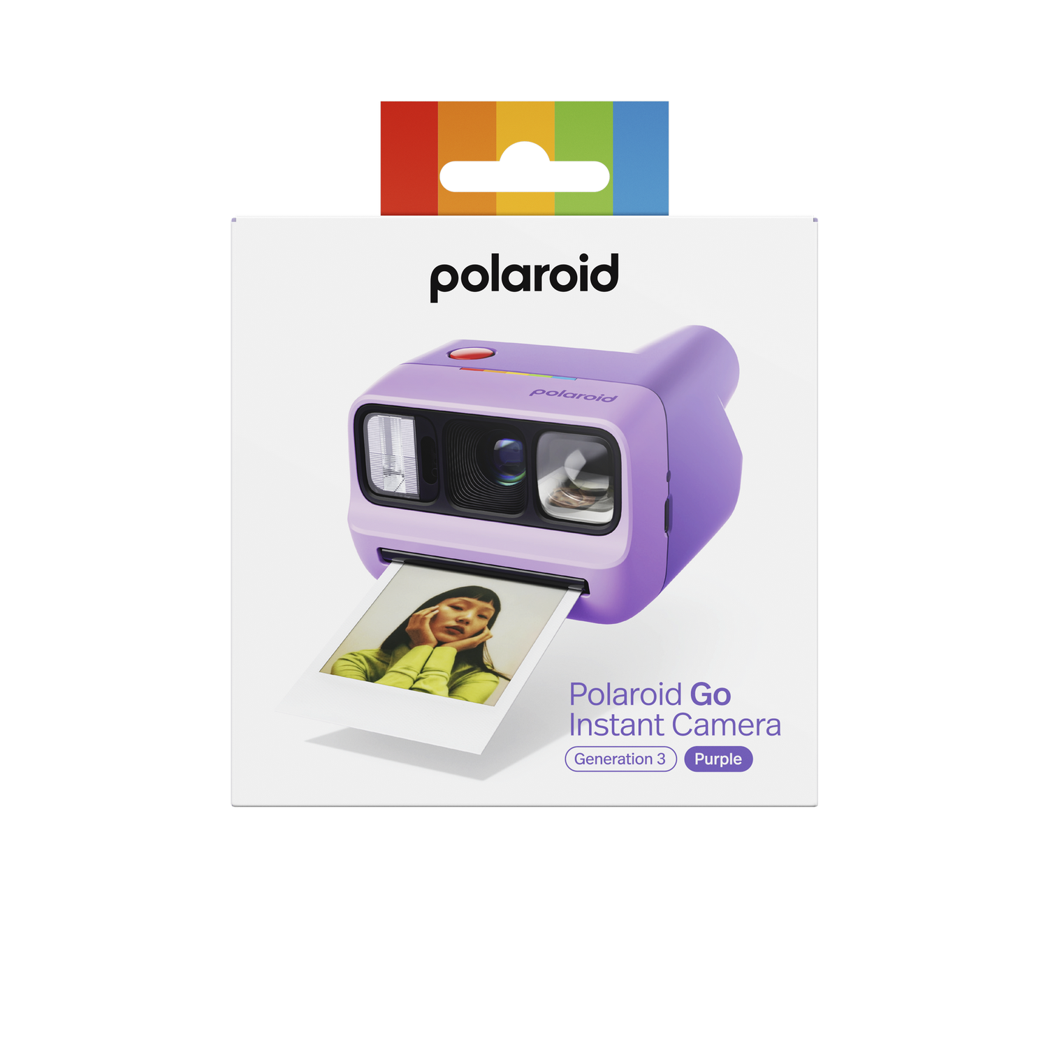 Cámara instantánea Polaroid Go morada con pestaña colgante de arcoíris. Foto impresa.