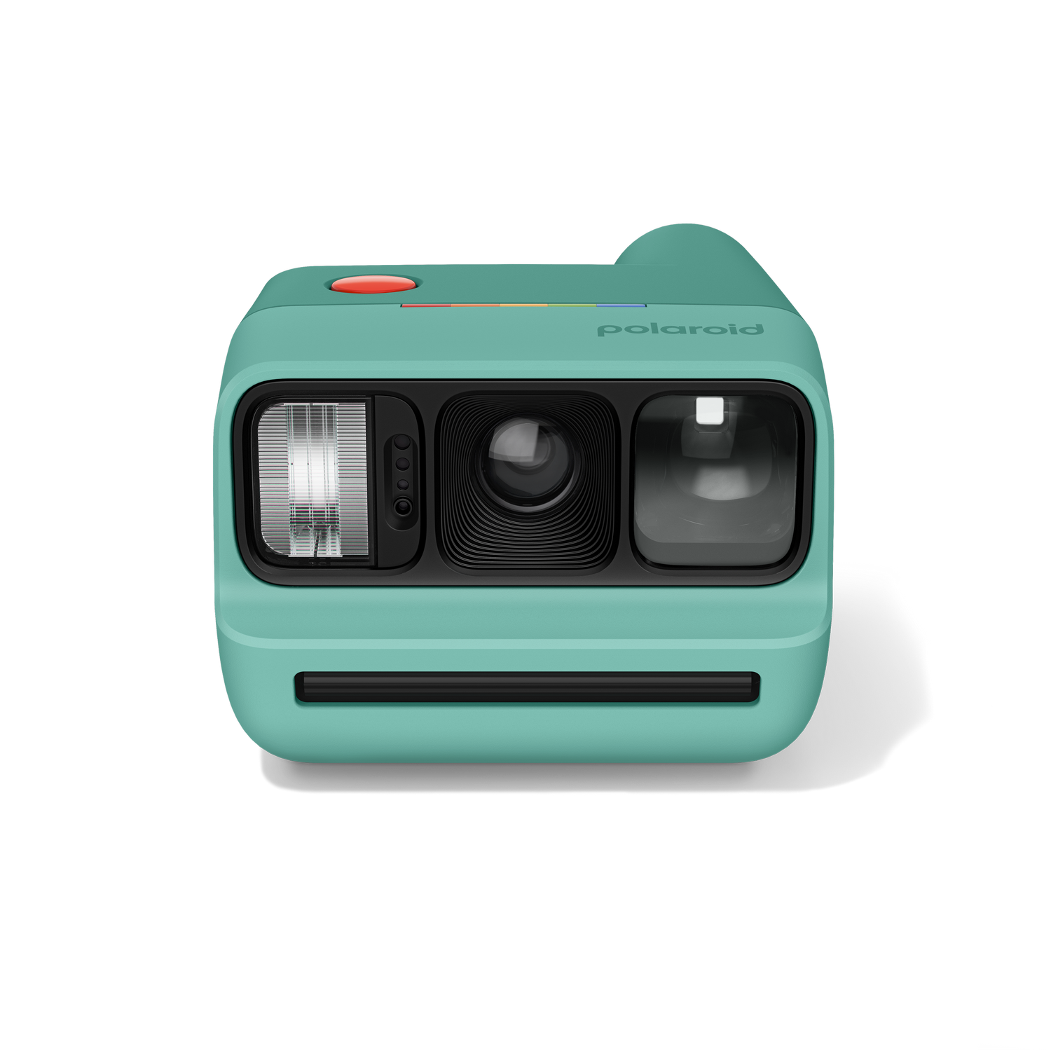 Una cámara instantánea verde azulado con botón de obturador rojo y logo Polaroid.