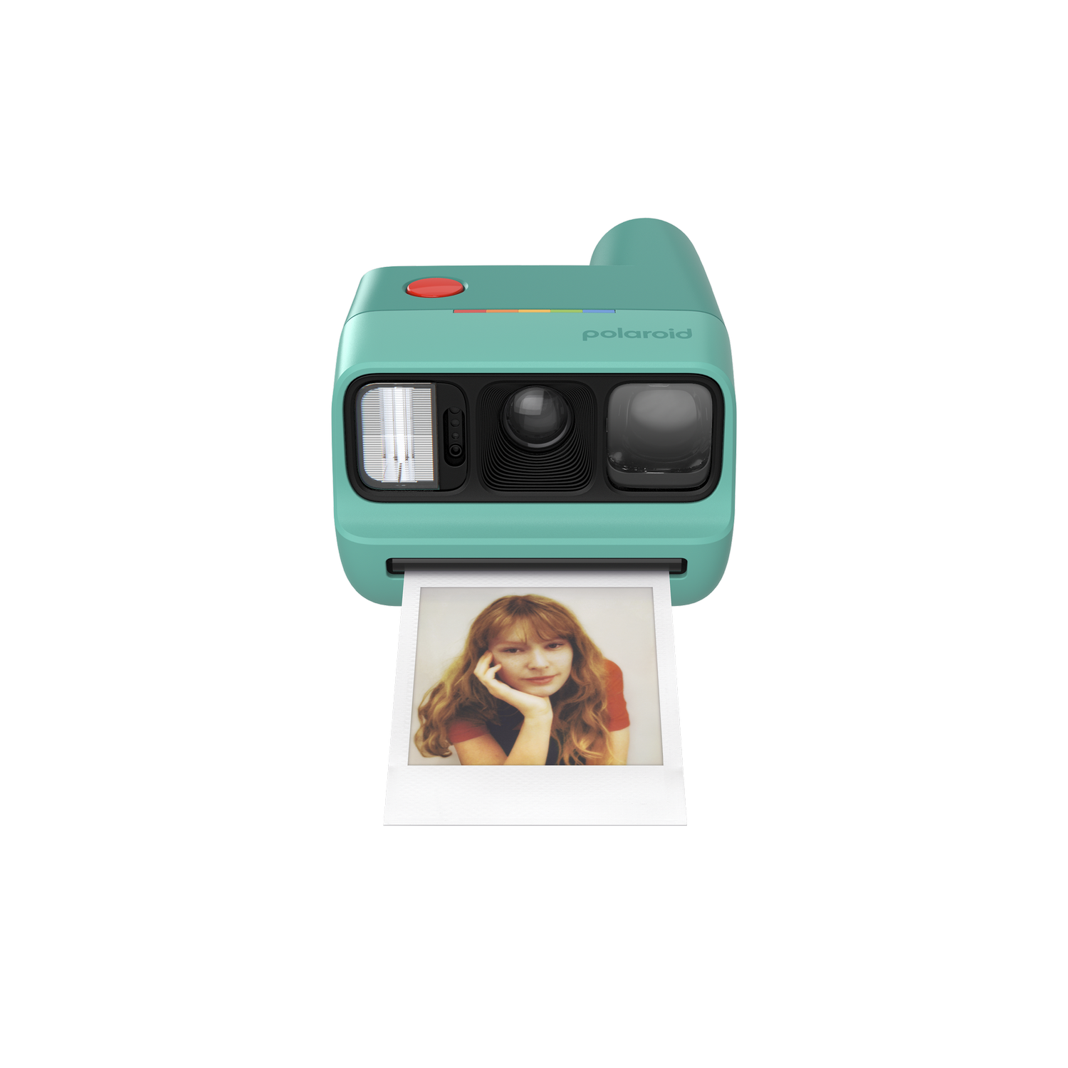 Una cámara instantánea Polaroid verde menta con obturador rojo y foto de mujer.