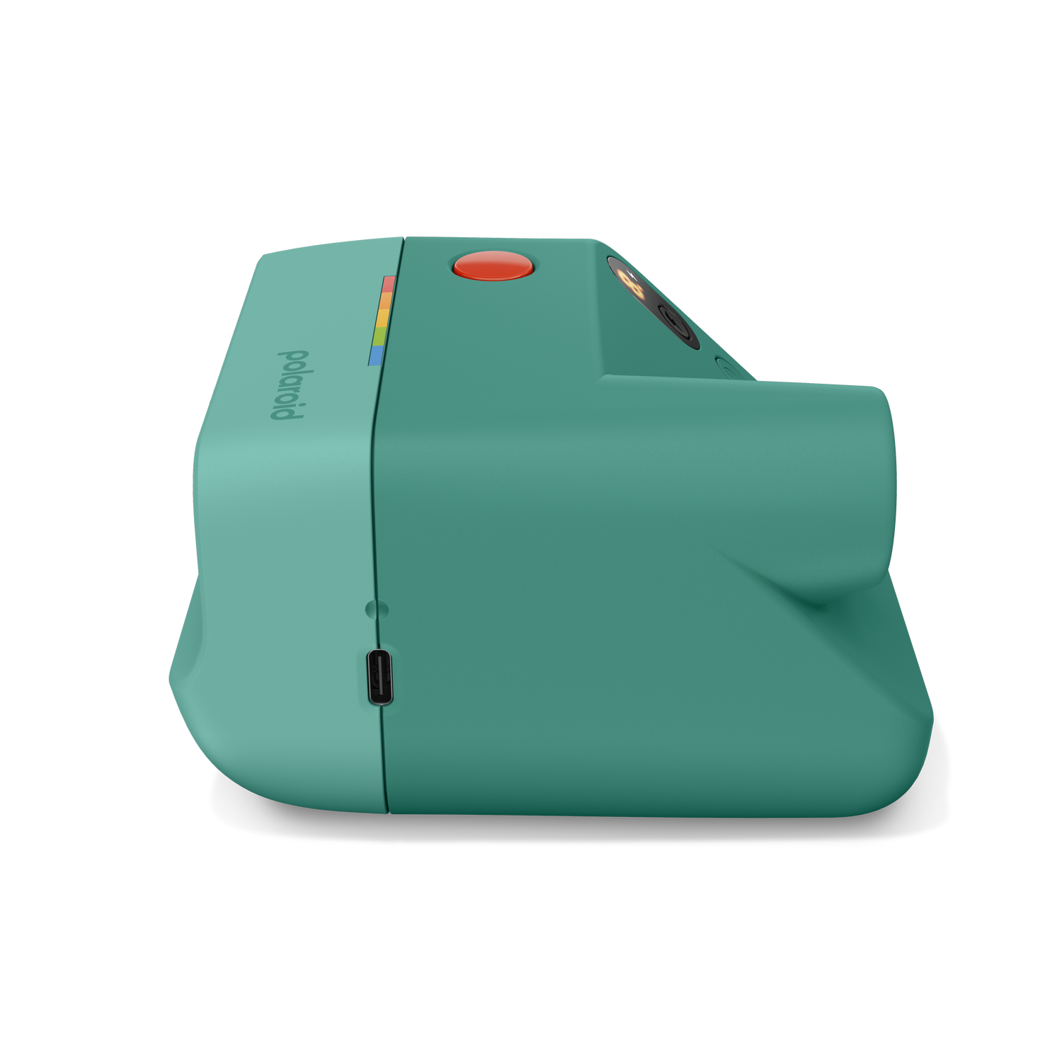 Una cámara instantánea Polaroid verde azulado con botón de obturador rojo y puerto USB-C.