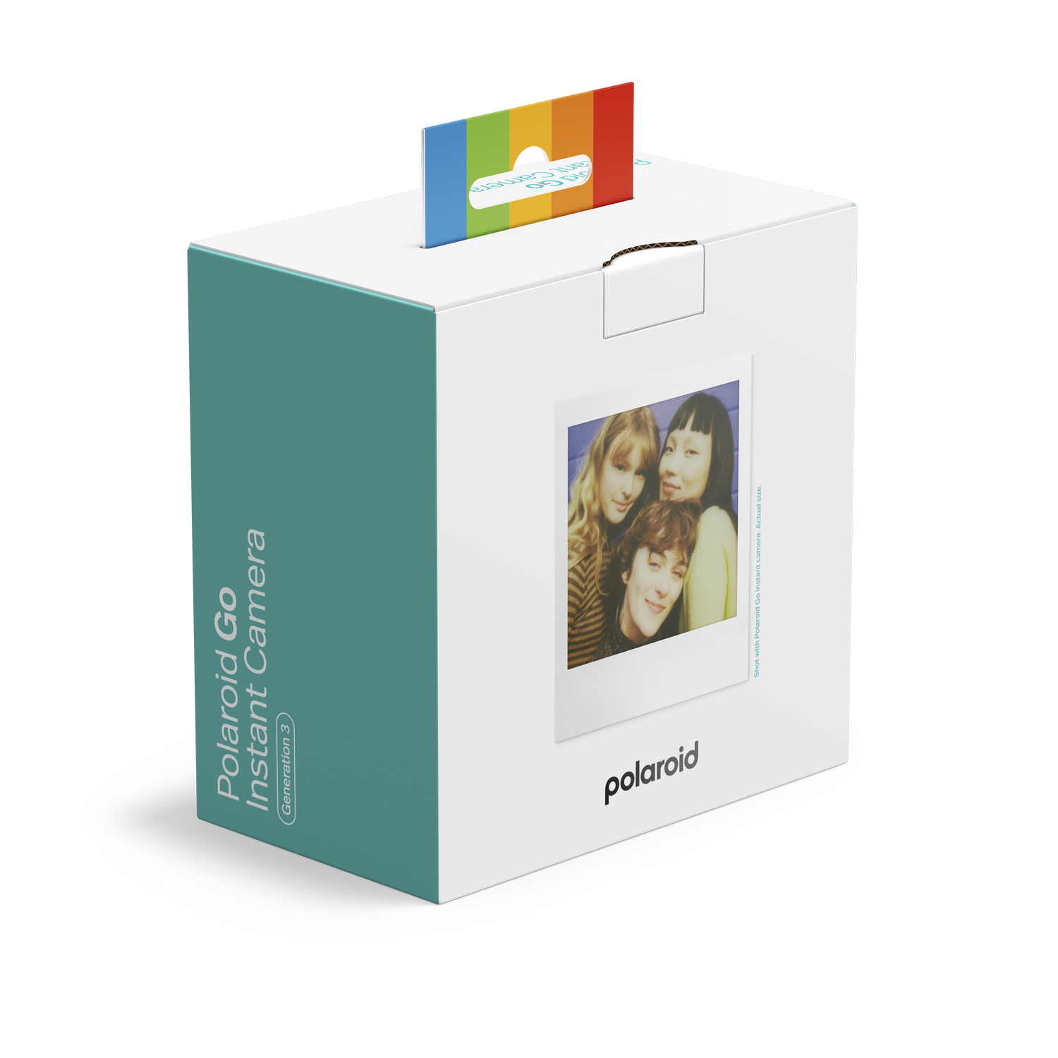 Caja de cámara instantánea Polaroid Go con foto de cuatro personas y pestaña arcoíris.