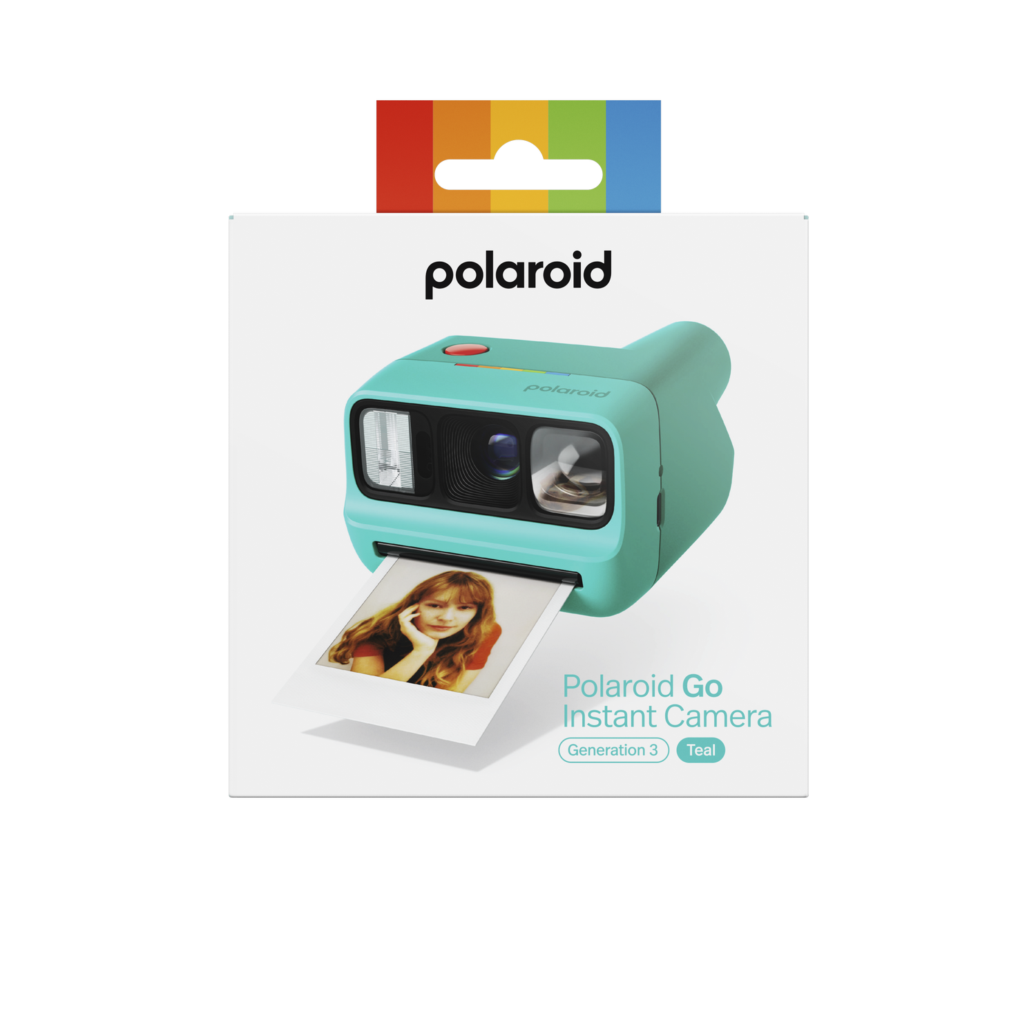 Cámara Polaroid Go verde azulado con foto de chica y colgador de arcoíris.