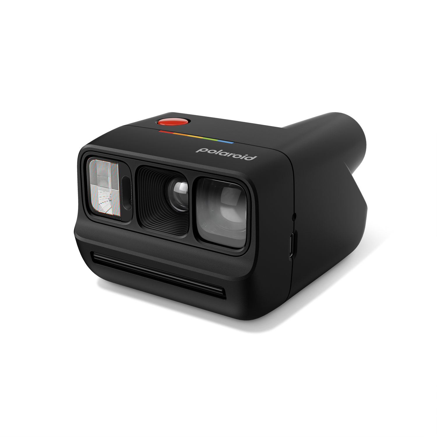 Cámara Polaroid negra con botón de obturación rojo y detalles arcoíris.
