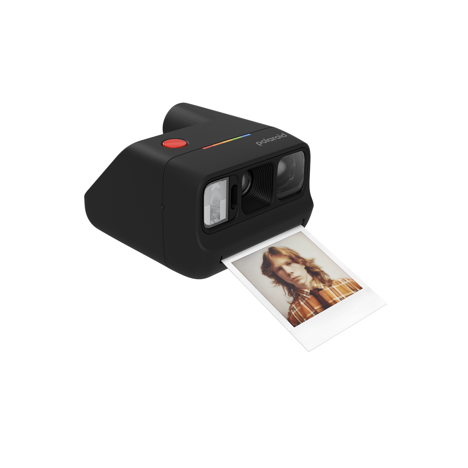 Cámara Polaroid negra con una foto de un hombre de pelo largo saliendo.