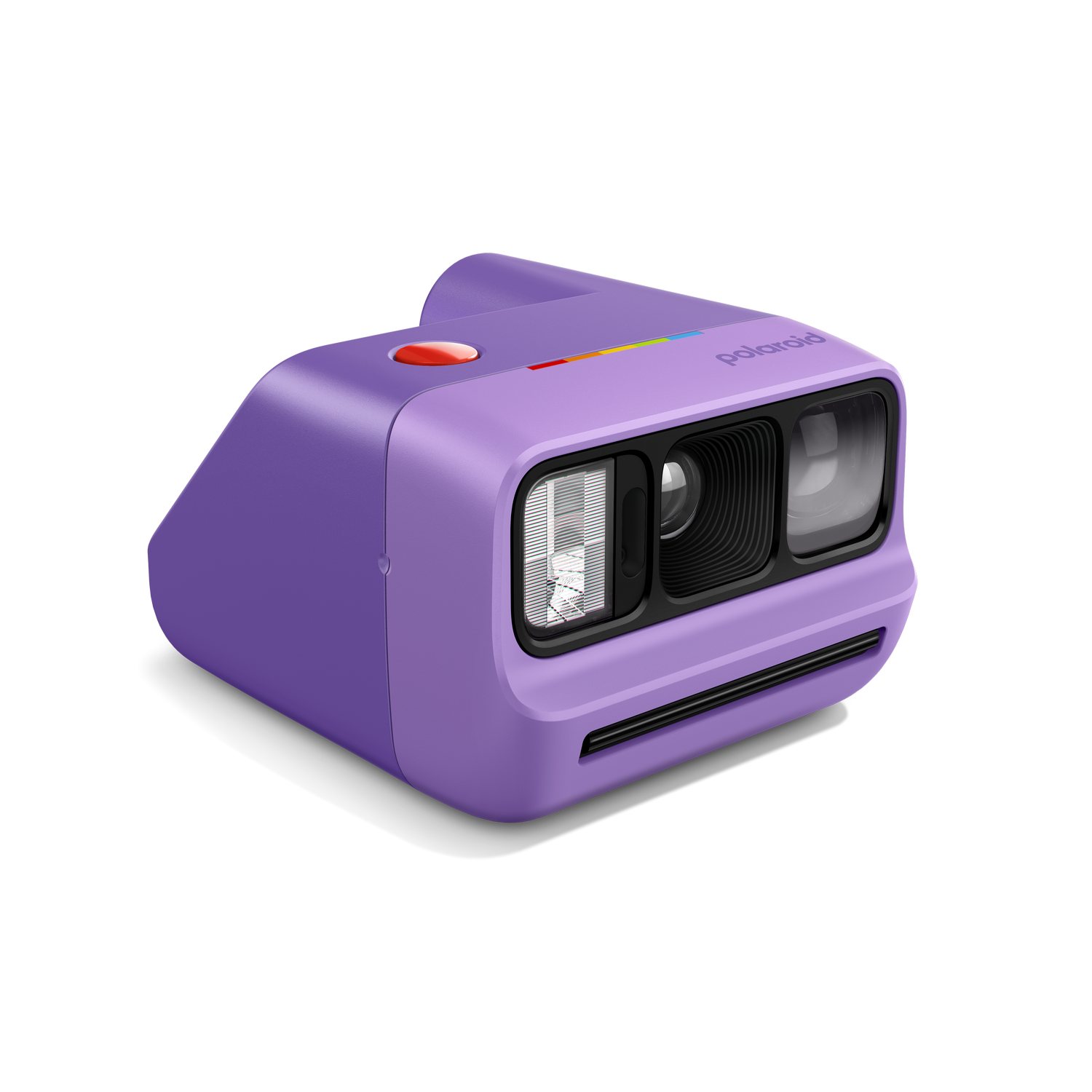 Una cámara instantánea Polaroid morada con botón rojo y franja arcoíris.