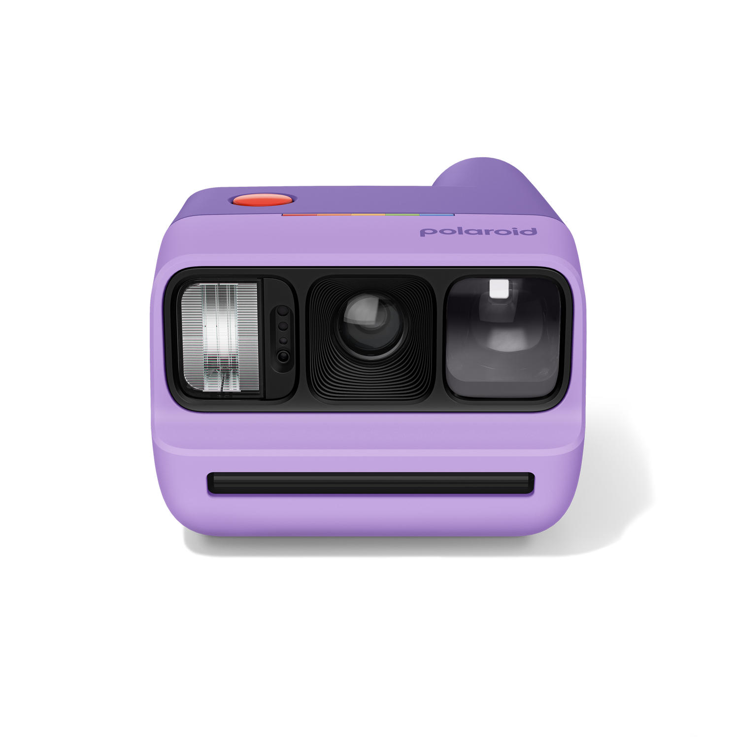 Una cámara instantánea Polaroid morada con botón de obturador rojo y logo.
