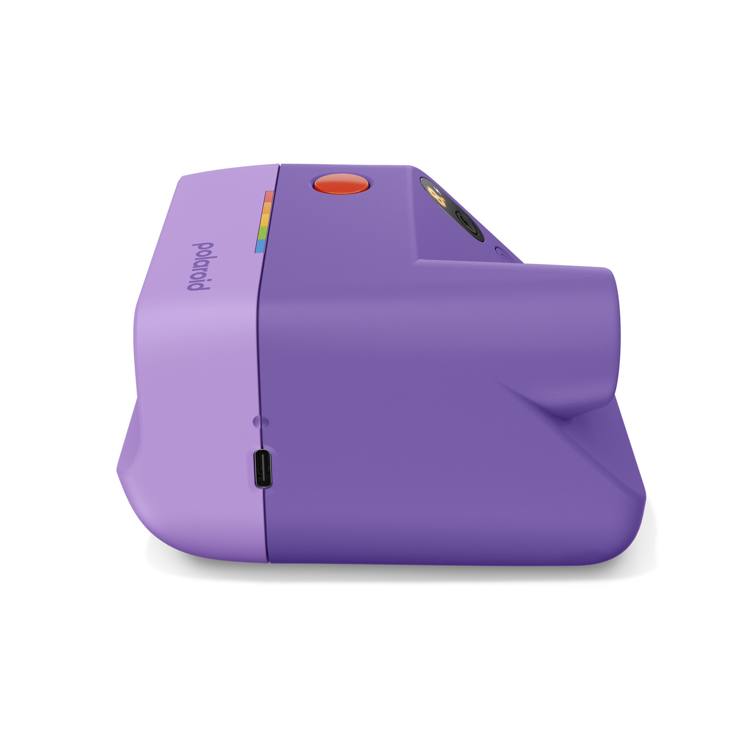 Cámara Polaroid morada con botón de disparo naranja y puerto USB-C.