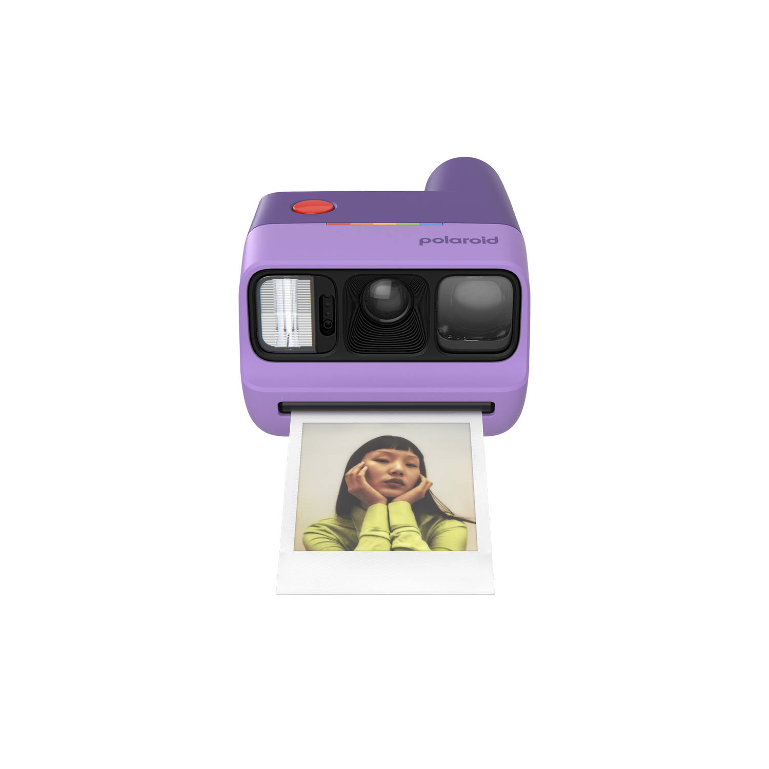 Una cámara instantánea morada con botón rojo y foto de una mujer joven.