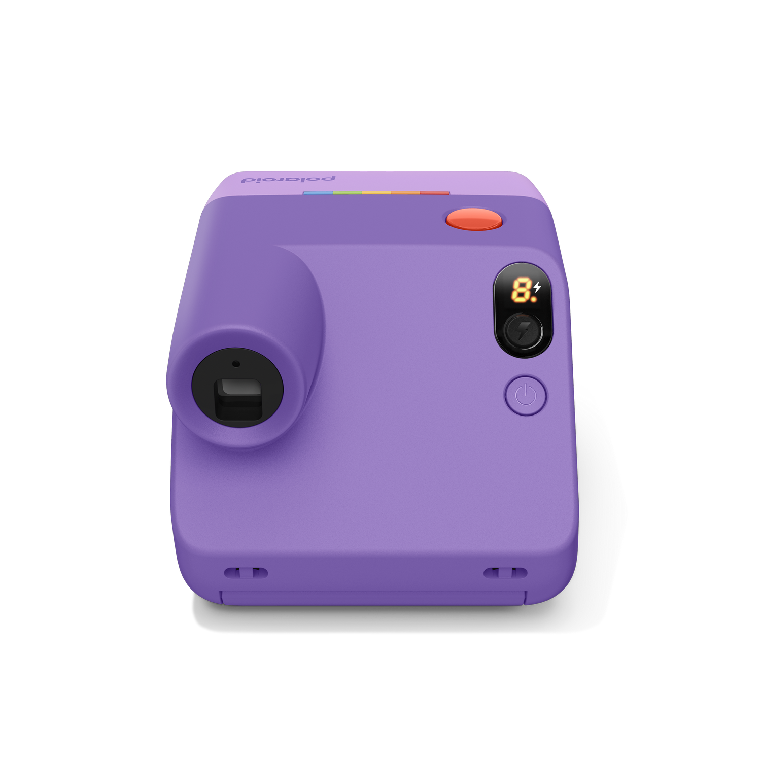 Una cámara instantánea Polaroid morada con botón de obturador naranja y pantalla digital.