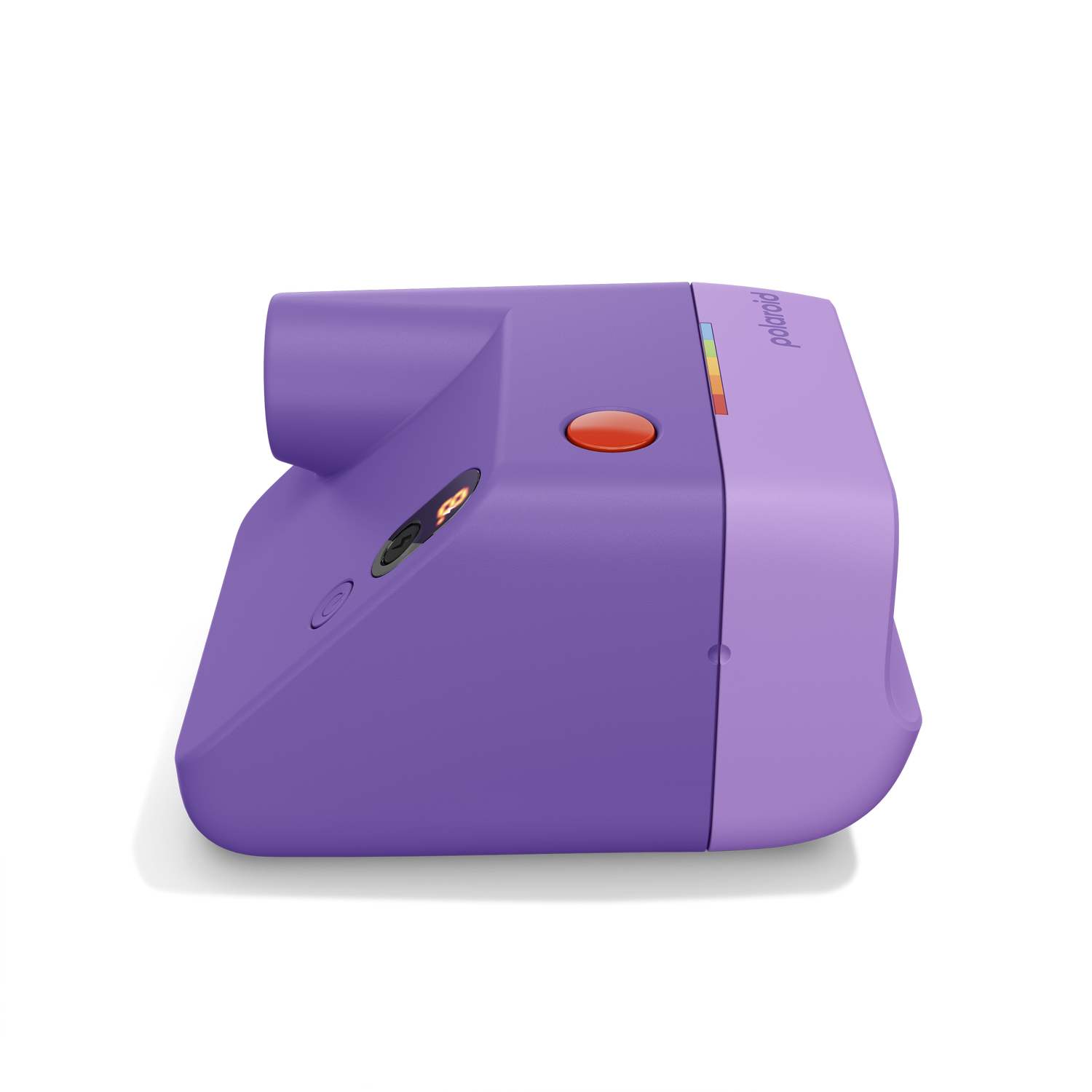 Una cámara Polaroid morada con botón de obturador rojo y logo arcoíris.