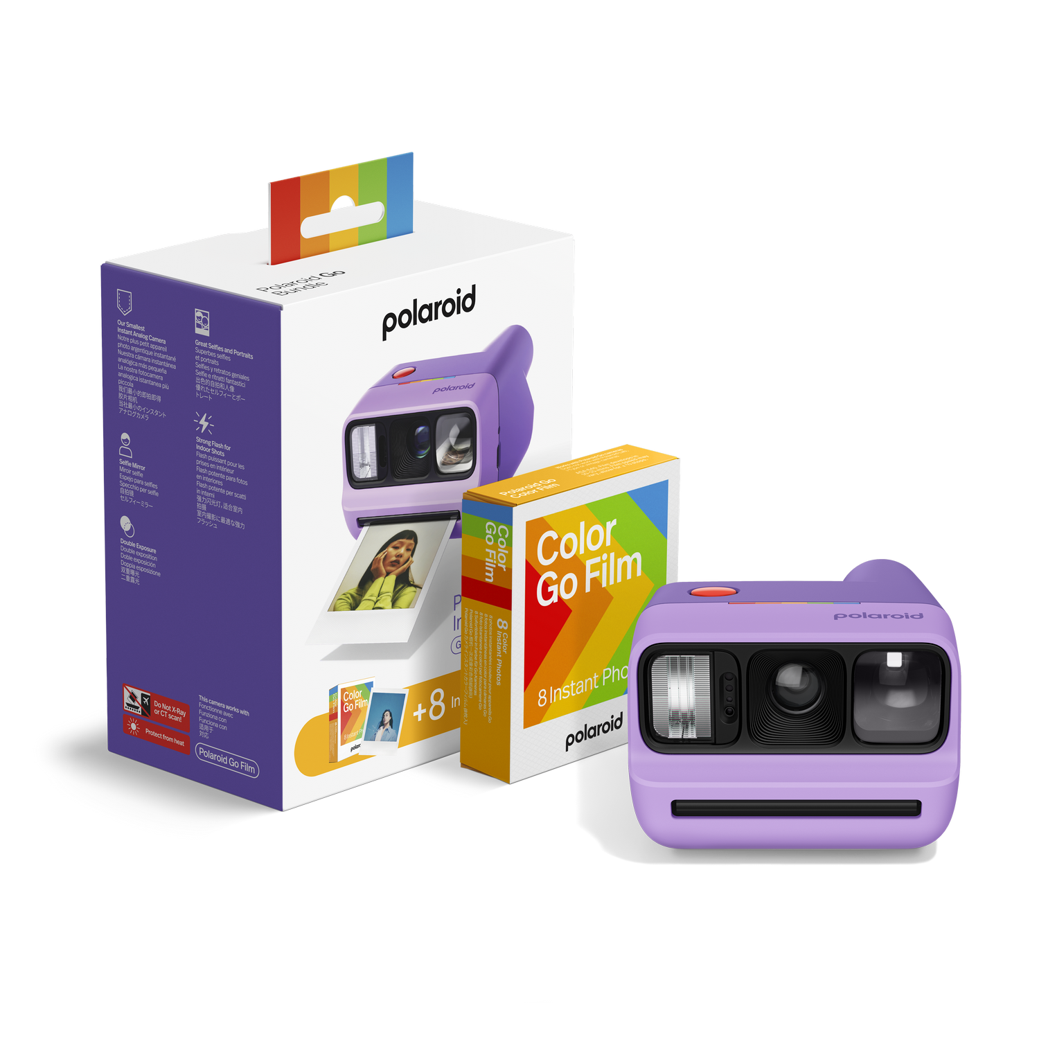 Un paquete de cámara instantánea Polaroid Go morada con su caja y paquete de película.