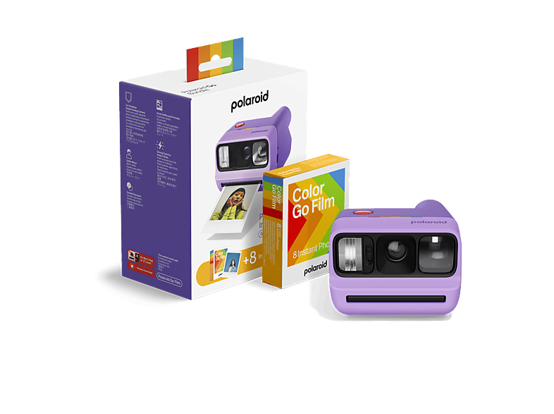 Cámara instantánea - Polaroid Go Gen 3 + Bundle de película a color (8 Photos), Espejo para Selfies, Autodisparador, Doble Exposición, Flash, Morado