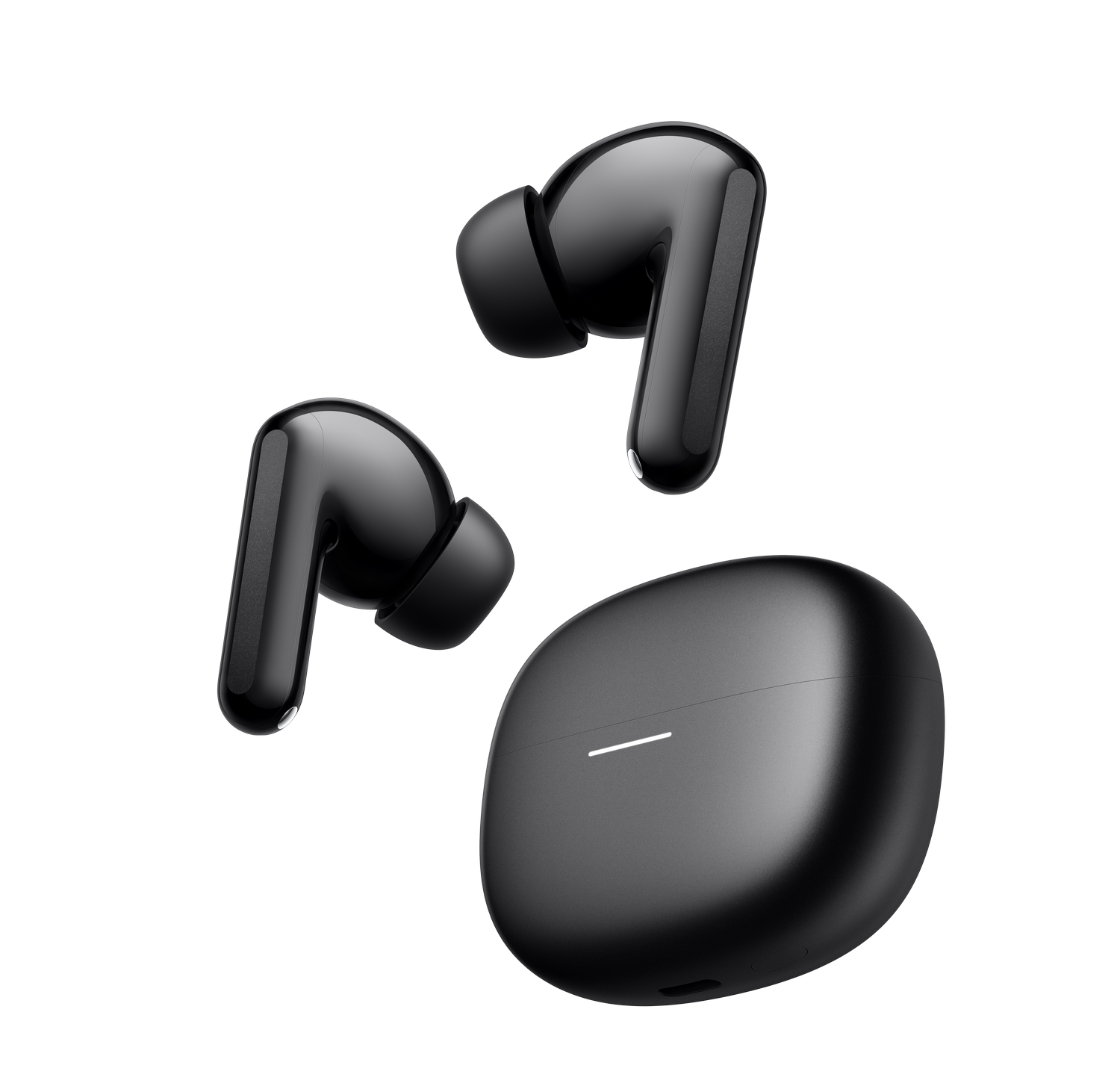 Auriculares inalámbricos negros y estuche de carga sobre fondo gris.
