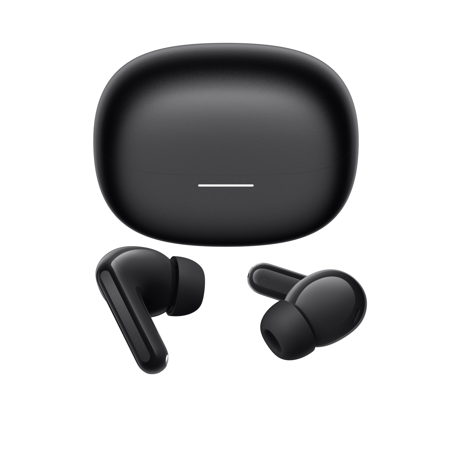 Auriculares inalámbricos negros y estuche de carga sobre fondo gris.