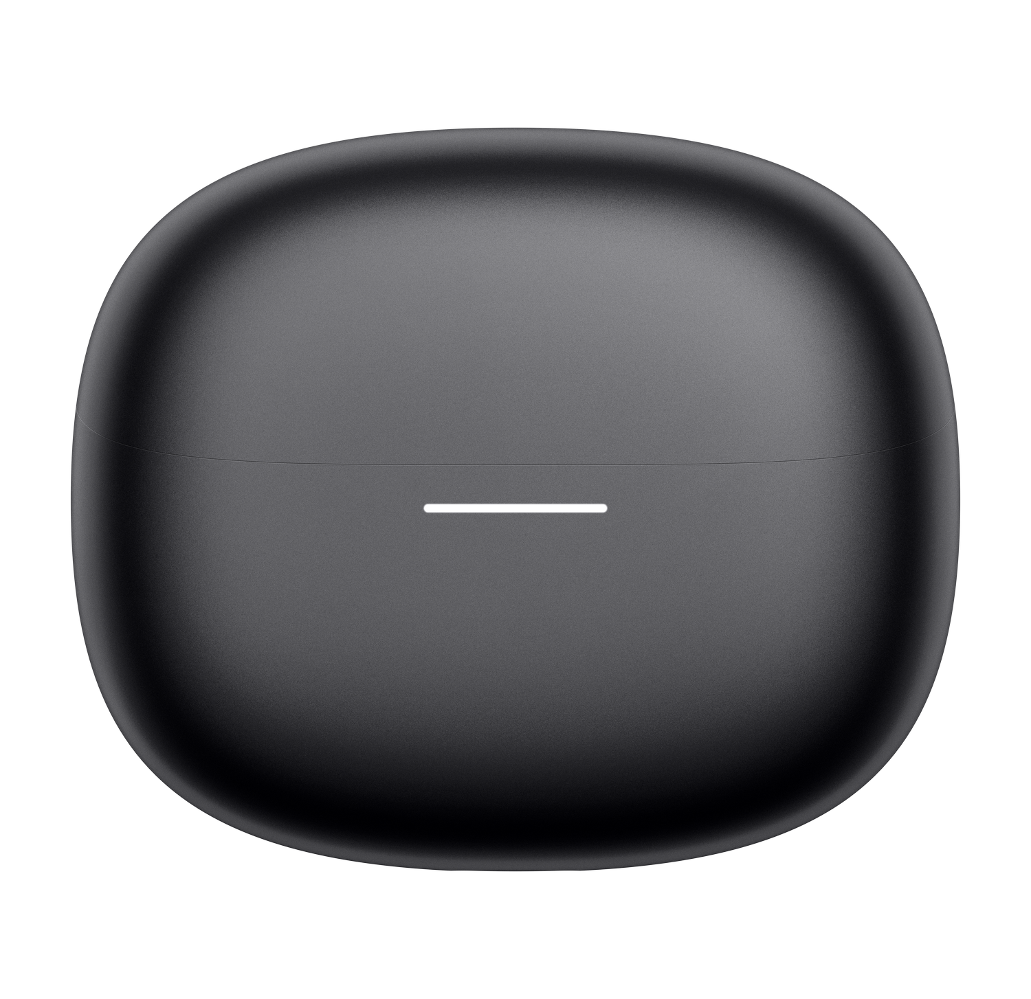 Estuche de carga gris oscuro para auriculares inalámbricos con una fina tira de luz blanca.