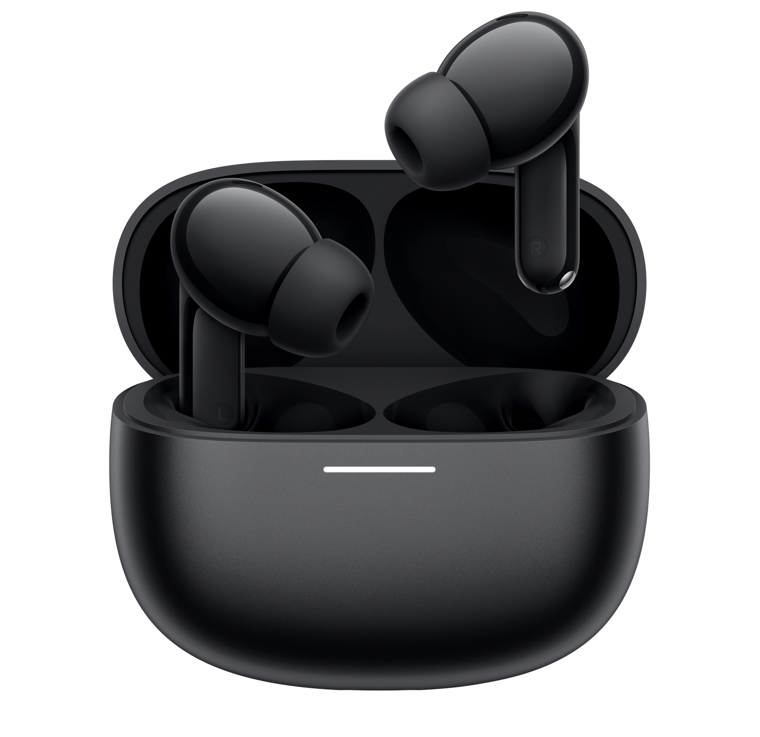 Auriculares inalámbricos negros en un estuche de carga, uno sobresale.