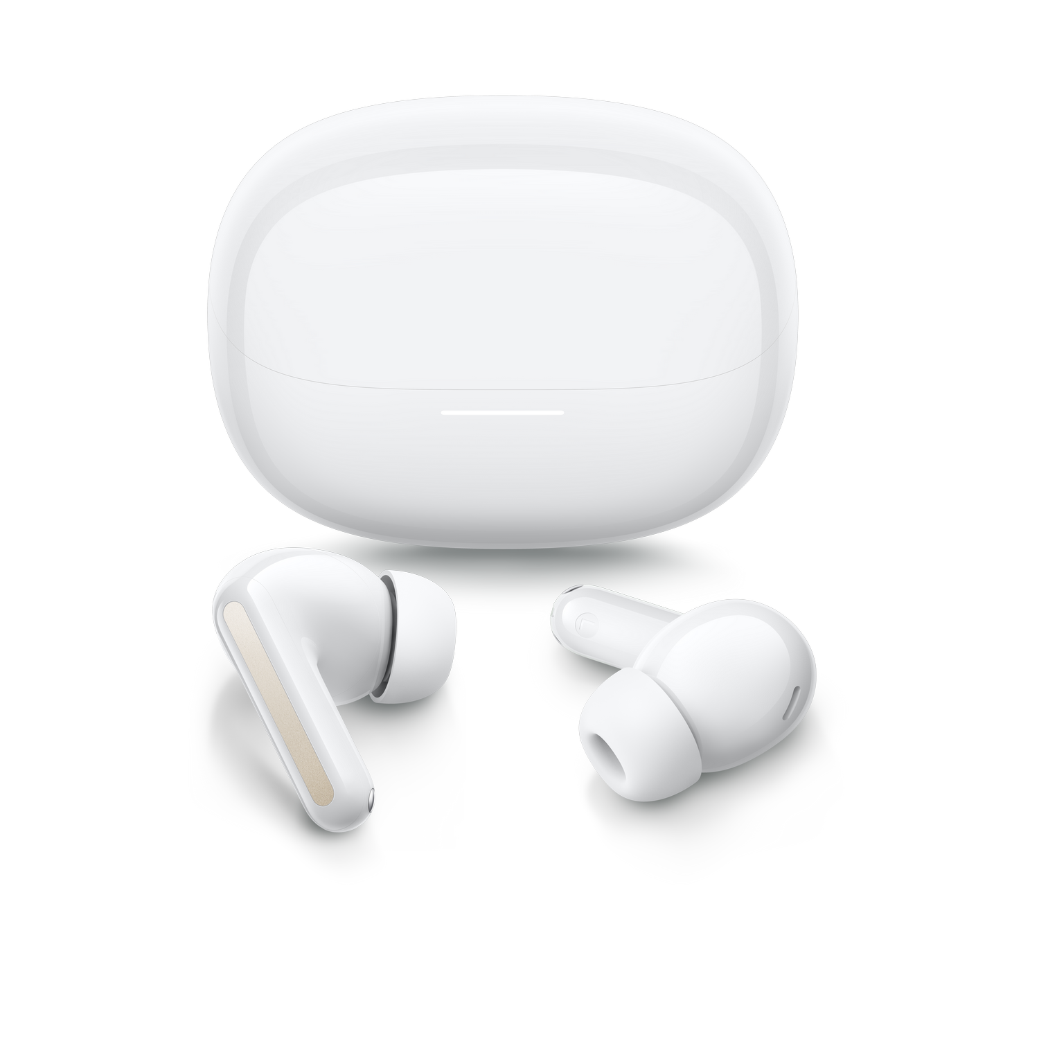 Auriculares blancos y estuche de carga sobre fondo gris.