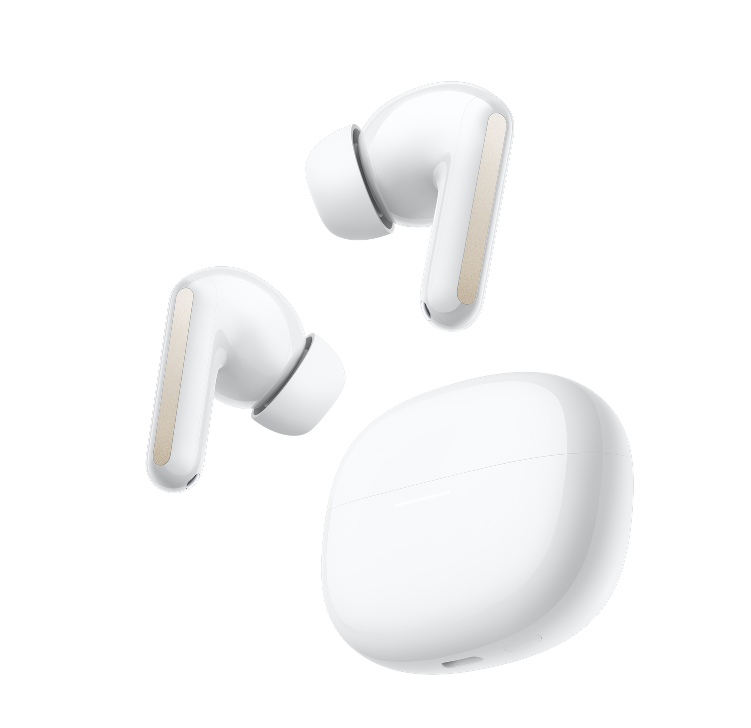 Auriculares inalámbricos blancos y estuche de carga sobre fondo gris.