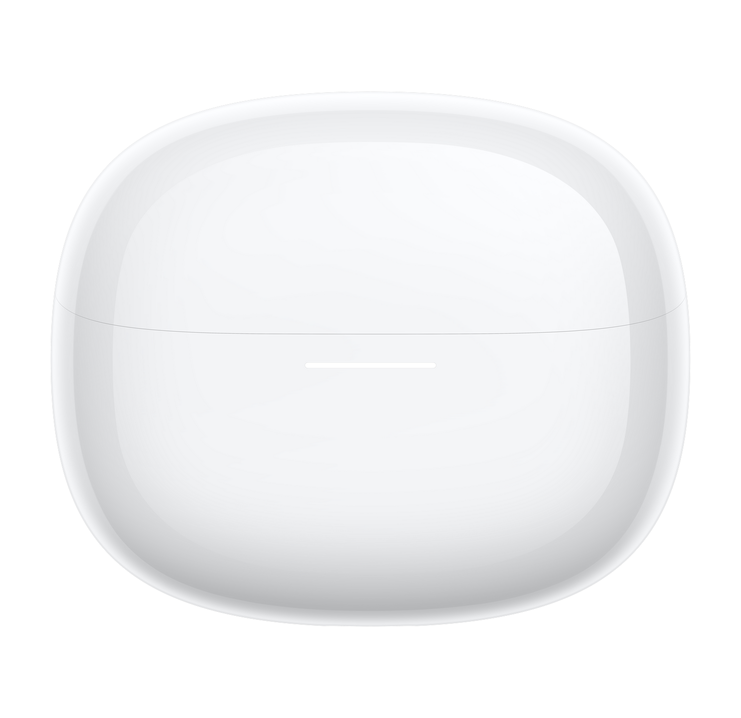 Un estuche de carga blanco y brillante para auriculares sobre fondo gris.