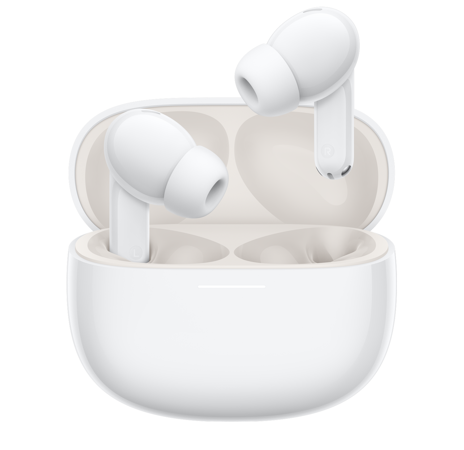Auriculares inalámbricos blancos con estuche de carga, uno en el estuche, uno sobresaliendo.