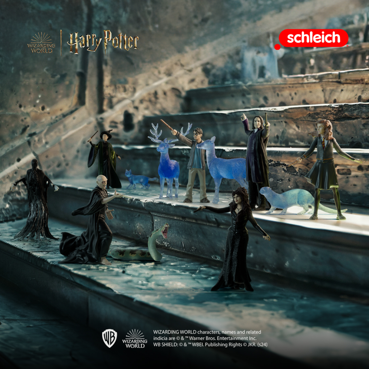 Harry Potter Figuren auf Treppen; Schleich-Logo oben rechts.