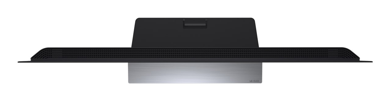 Televisor LG OLED negro con soporte plateado, visto desde arriba.