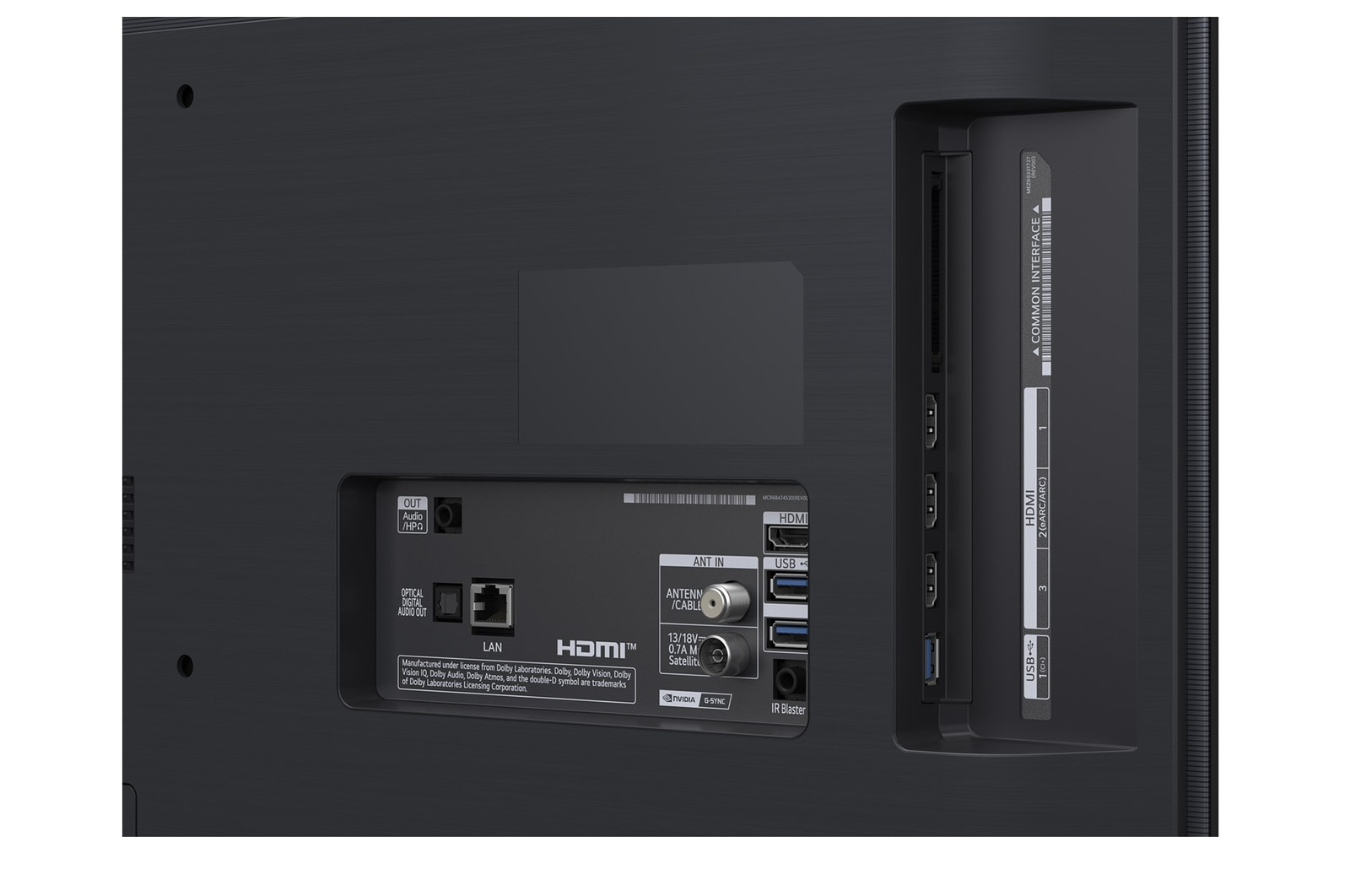 Parte trasera de TV con puertos: HDMI, USB, LAN, Antena, Salida de Audio, Salida Óptica Digital.