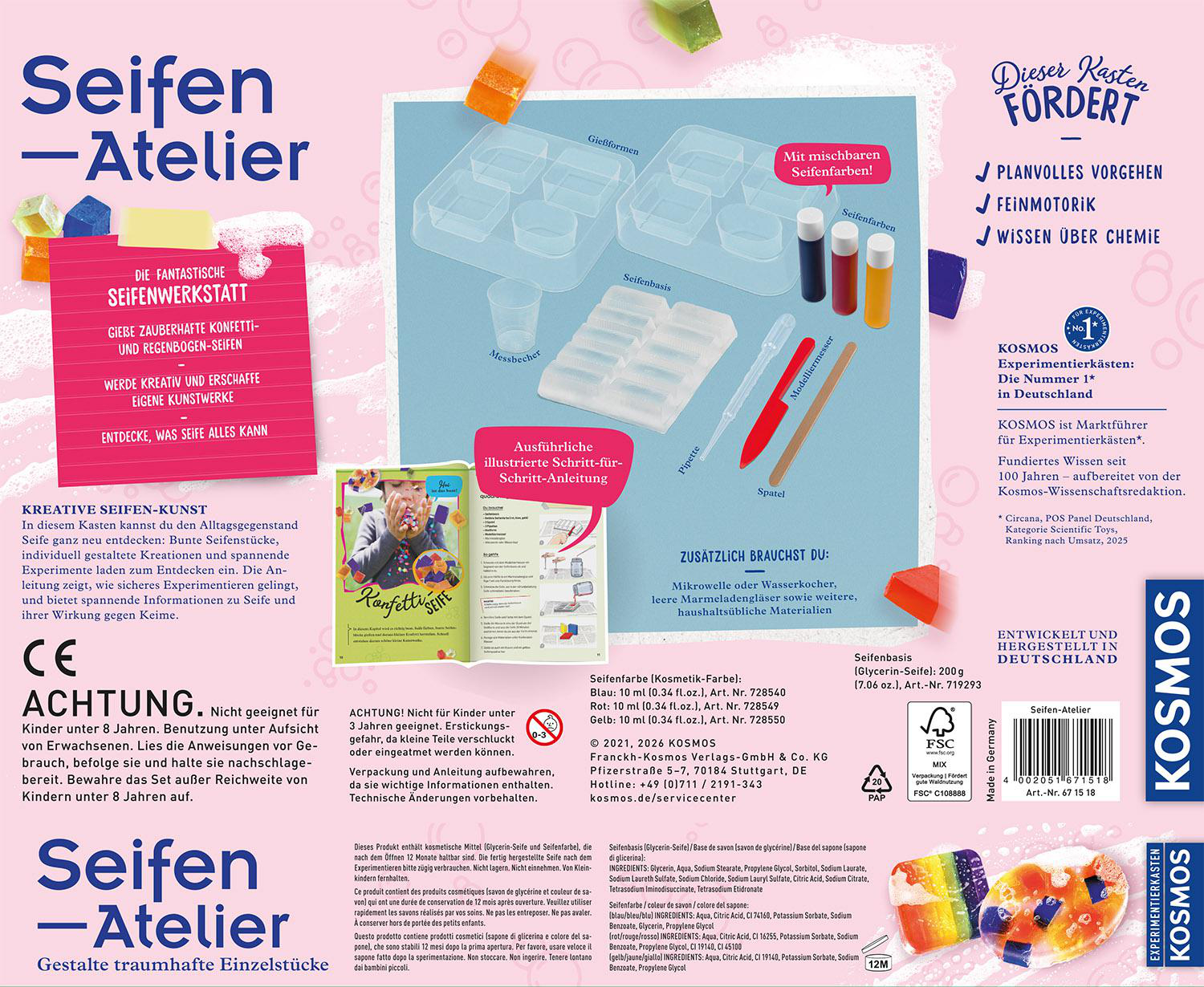 Ein Kosmos Seifen-Atelier Experimentierkasten mit Seifenbasis, Farben, Formen und Anleitung.