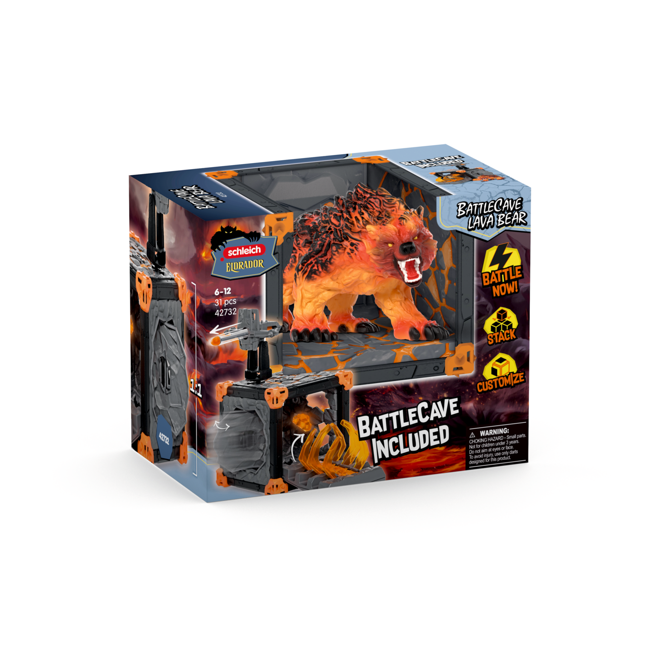 Spielzeug-Verpackung mit einem feurigen Bären und einer Höhle.