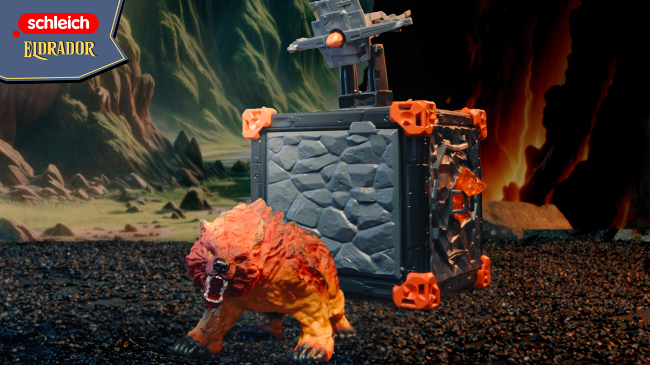 Ein orange-rotes Monster steht vor einer grauen Festung mit orangefarbenen Akzenten.