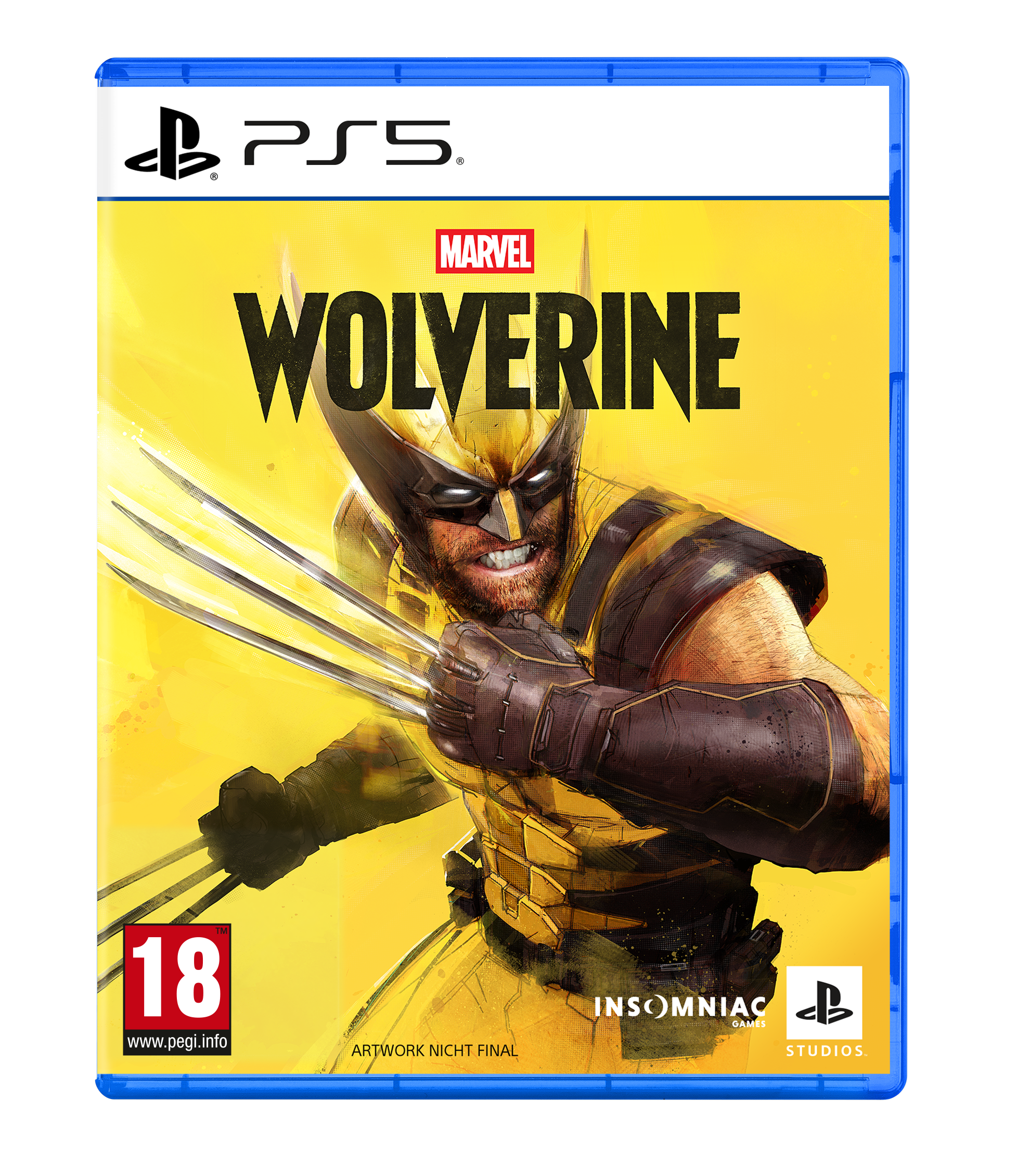 Wolverine mit Klauen auf PS5-Spielhülle, gelber Hintergrund.